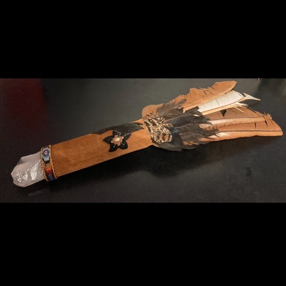 Ceremonial Smudge Fan w/Quartz Crystal American Indian Wand - Picture 1 of 9